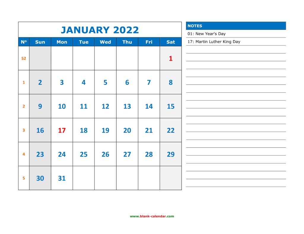 Free Download Printable Calendar 2022 Large Space For Appointment And Notes