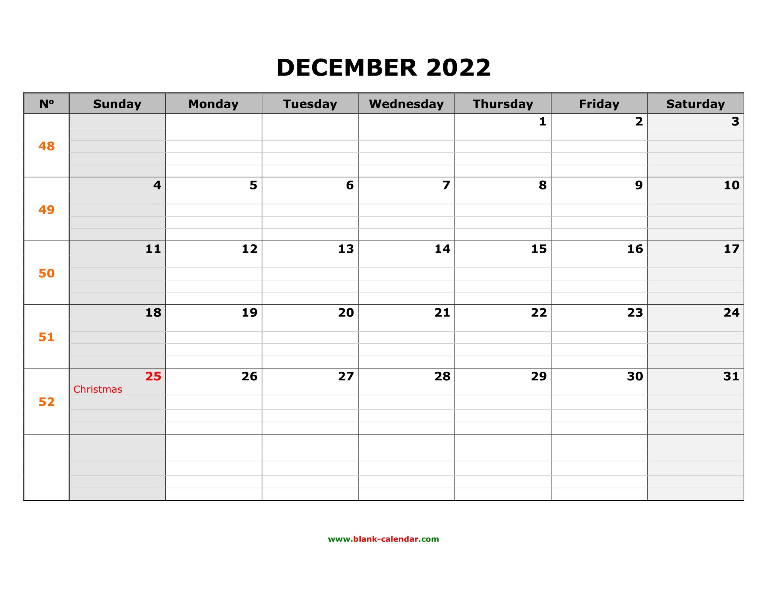 Free Download Printable December 2022 Calendar Large Box Grid Space For Notes