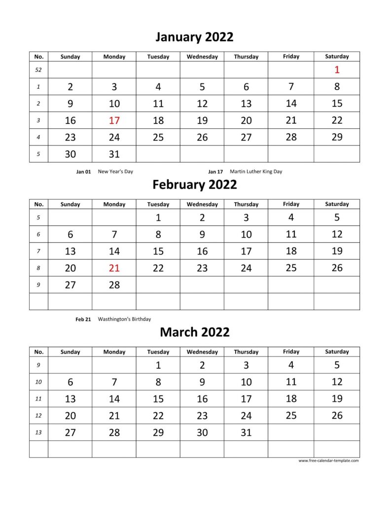 Free Monthly Calendar 2022 3 Months Per Page vertical Free calendar Template