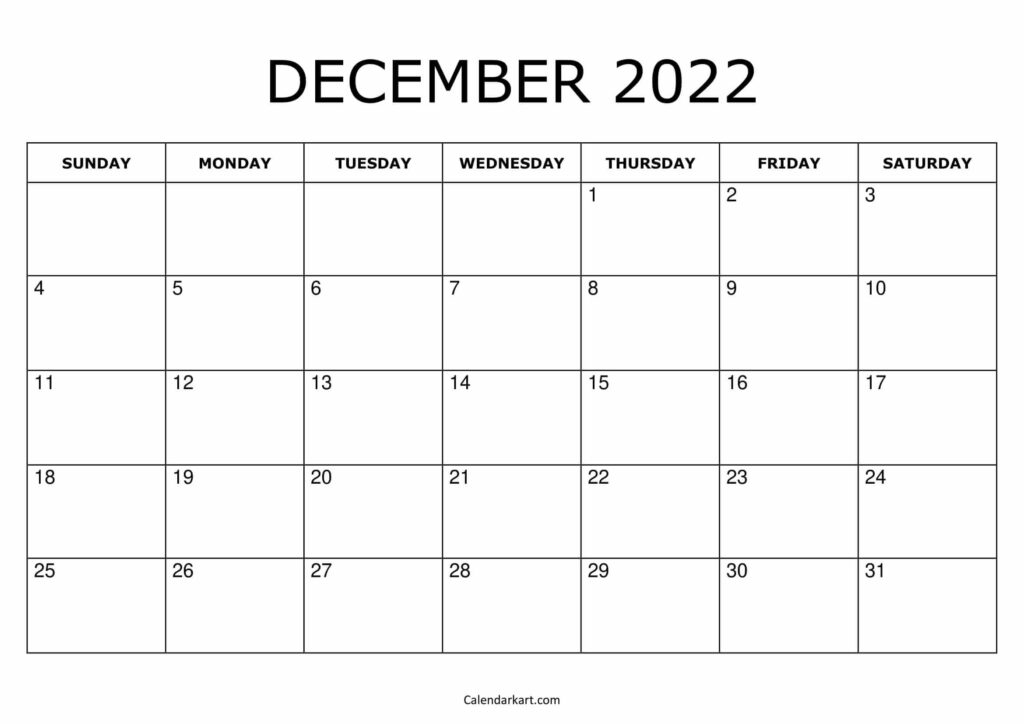 Printable Large Blank December Calendar