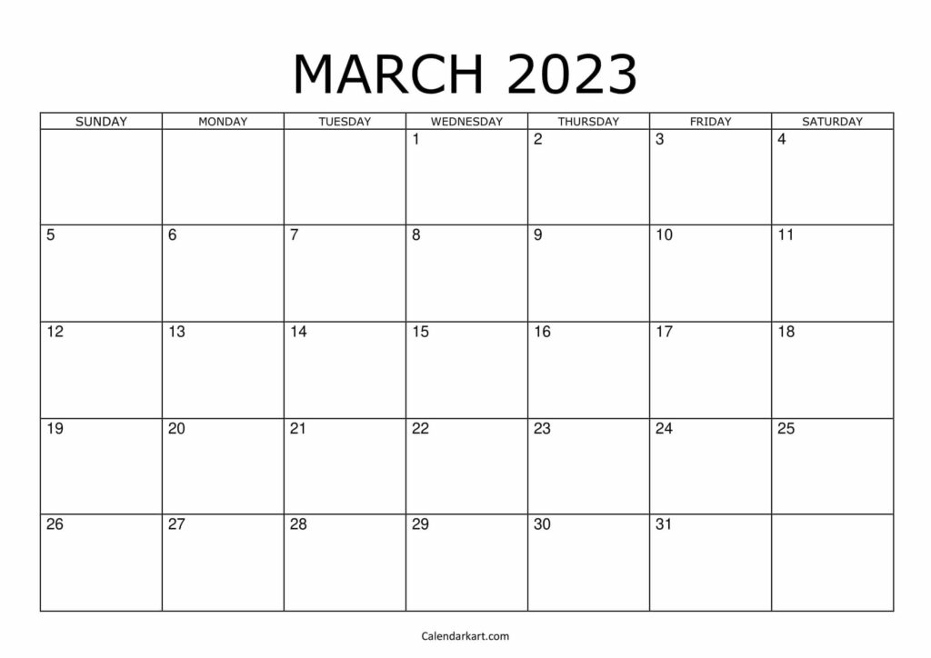 Blank Printable March Calendar 5 Day