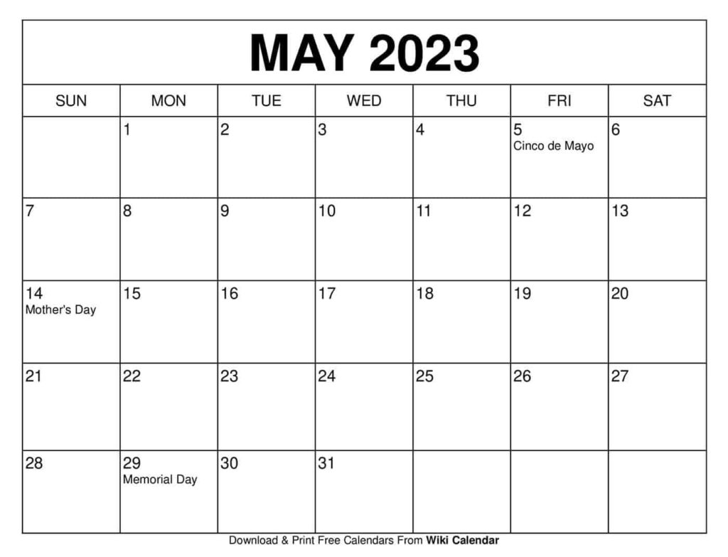 Calendar For May Blank Printable