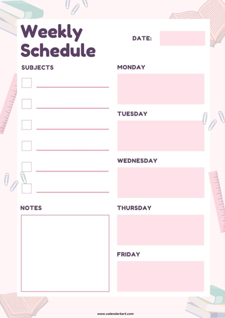 Girly Blank Weekly Calendar Printable