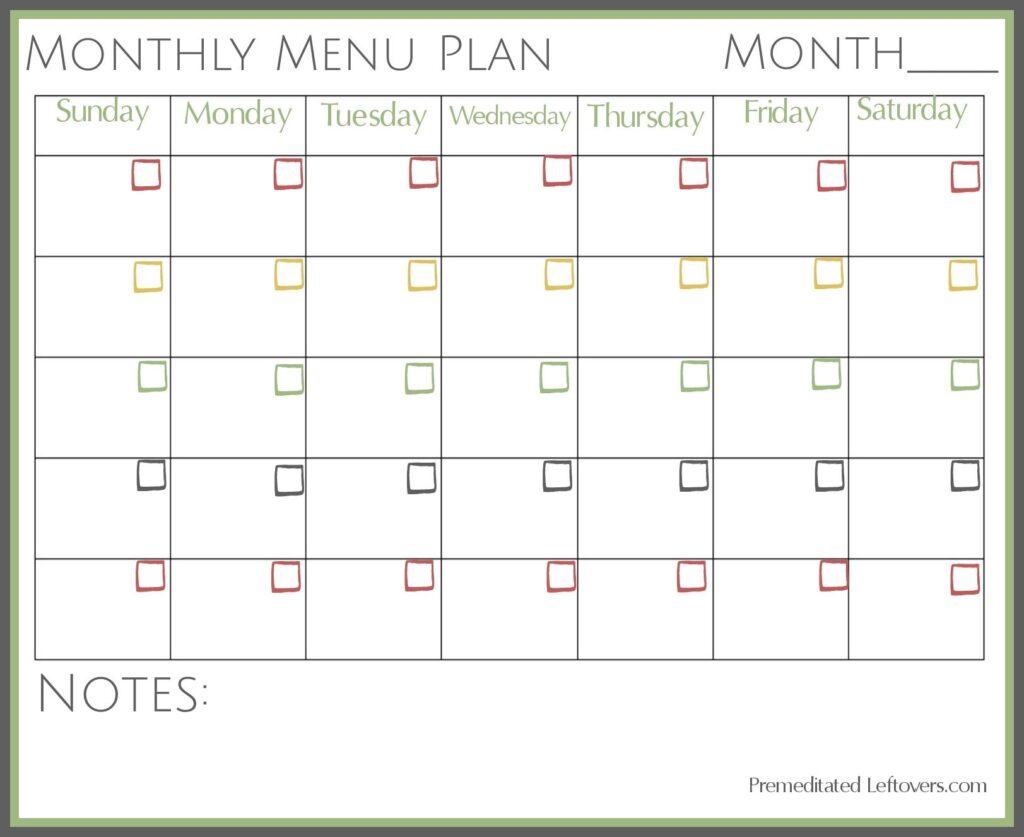 Blank Meal Calendar Months Printable