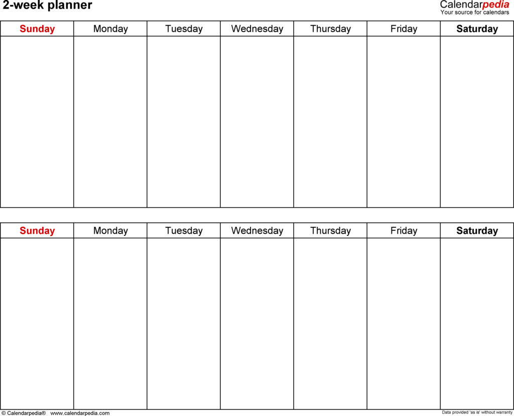 2 Week Blank Calendar Printable