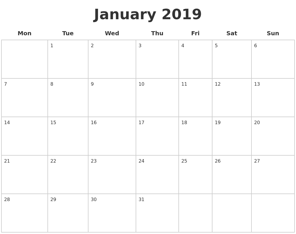 January 2019 Blank Calendar Pages Monday Start January2019 January BlankCalendar Blan Blank Calendar Pages Blank Calendar Template Printable Blank Calendar