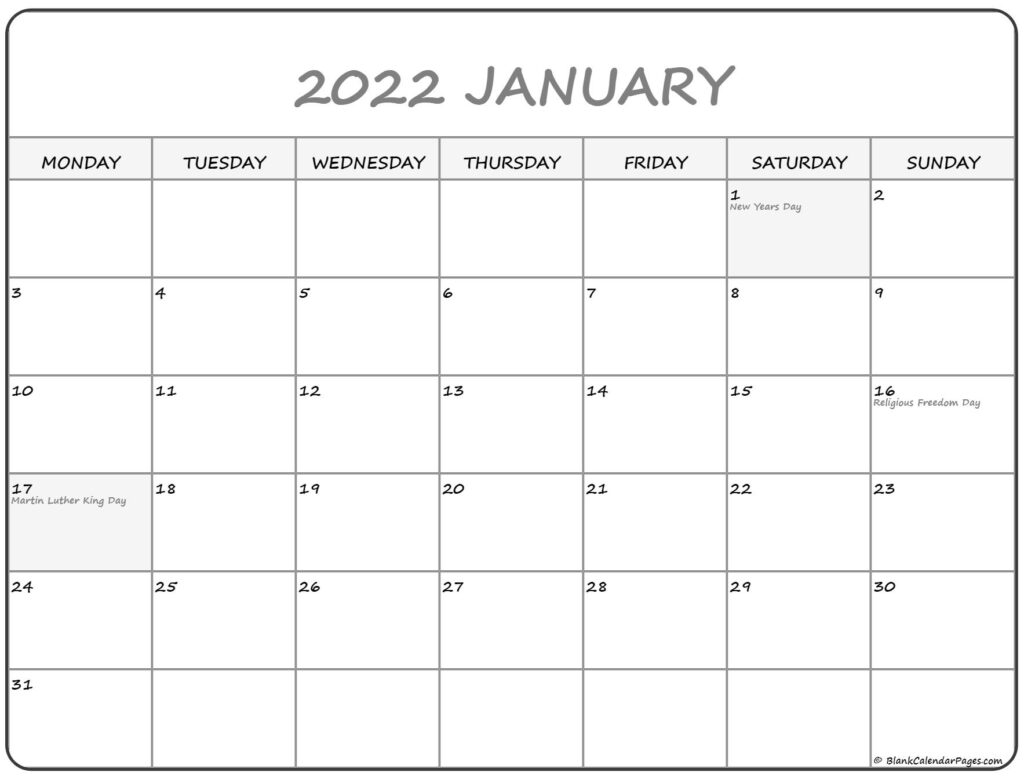 Blank Printable Calendar Week Starting Monday