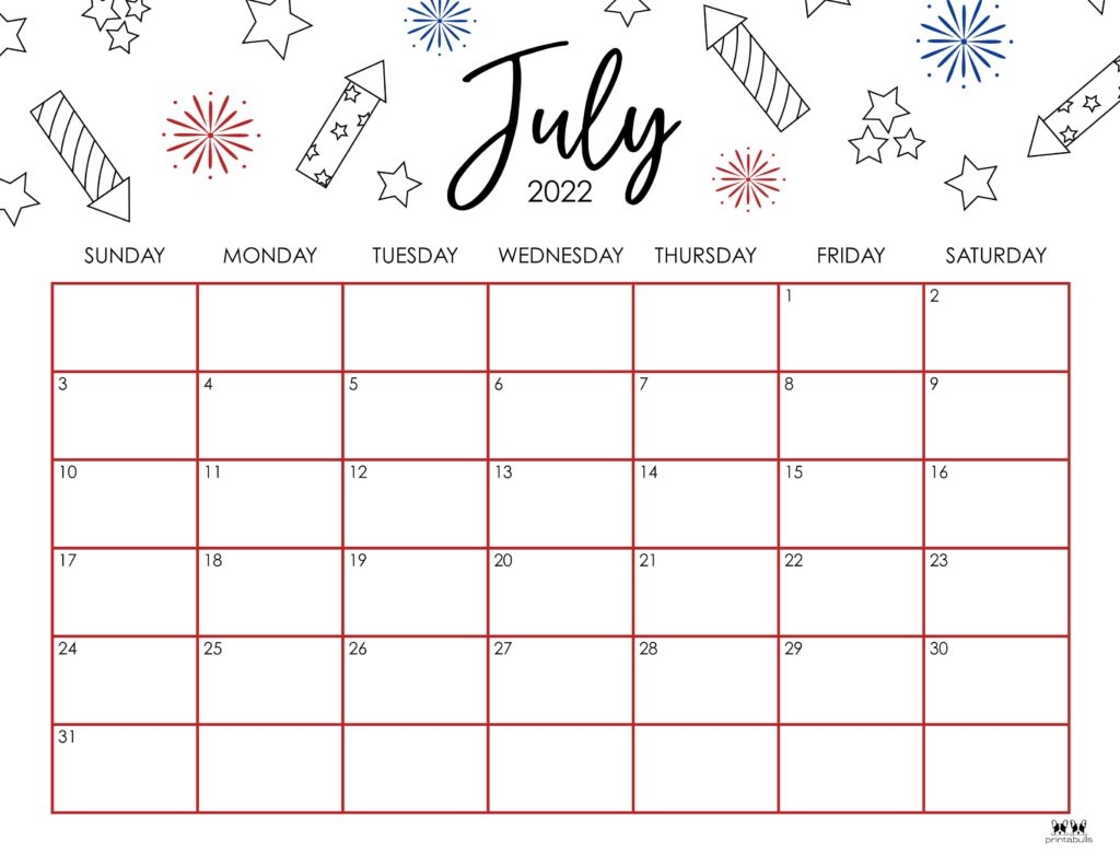 Free Printable Cute Blank July Calendar