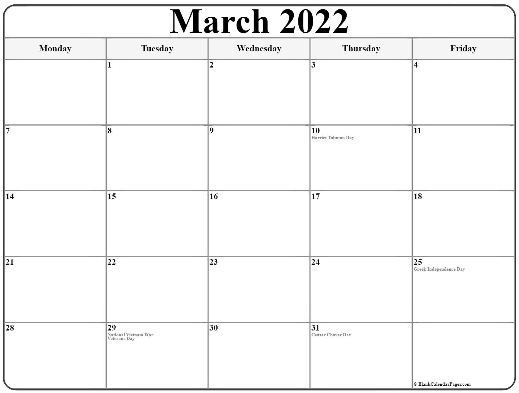 March 2022 Monday Calendar Monday To Sunday