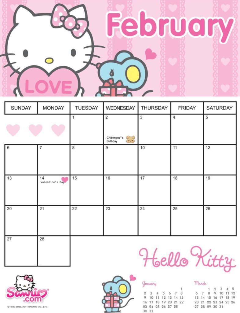 Blank Monthly Hello Kitty Calendar Printable