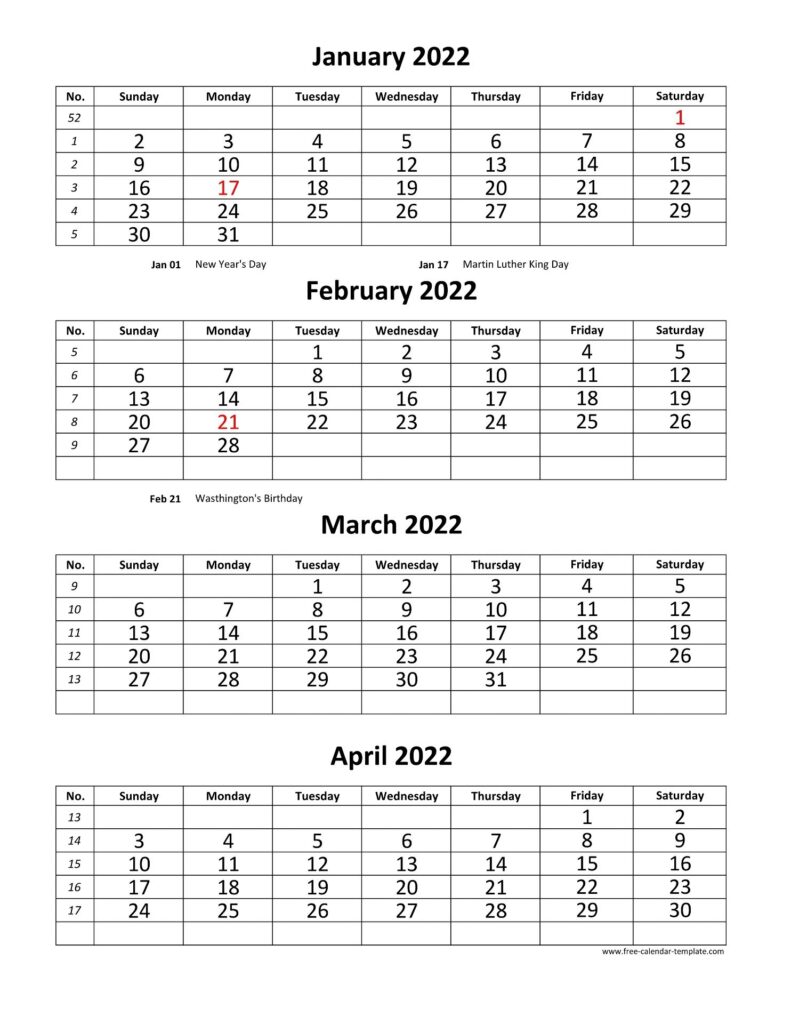 Printable Blank Calendar 4 Months Per Page