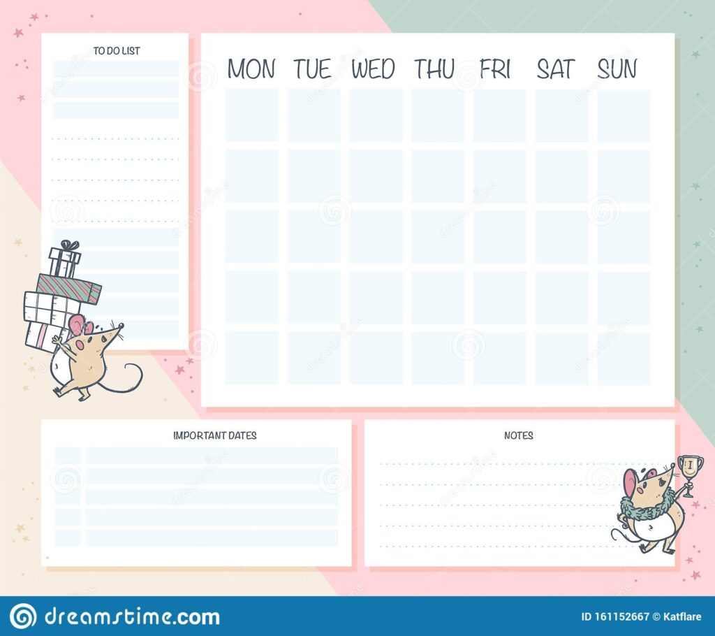 Monthly Calendar Planner Page Design Template For Children Cute Hand Drawn Little Mouse Character Stock Vector Illustration Of Layout Mock 161152667