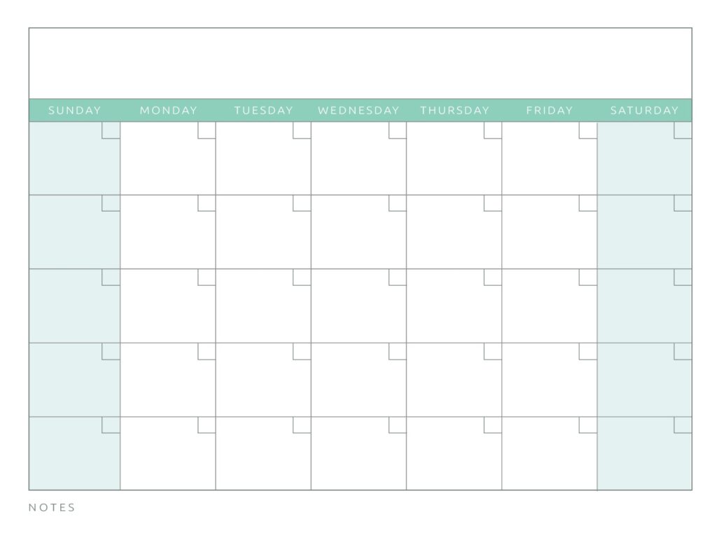 Colorful Printable Blank Monthly Calendar
