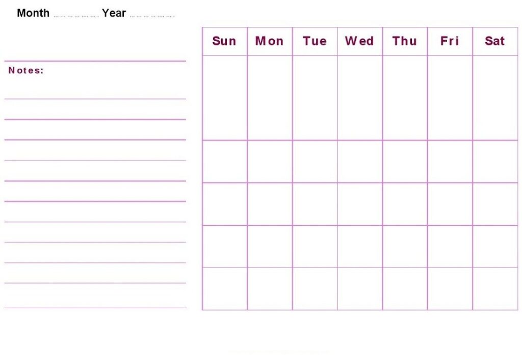 Printable Blank Monthly Calendar With Notes