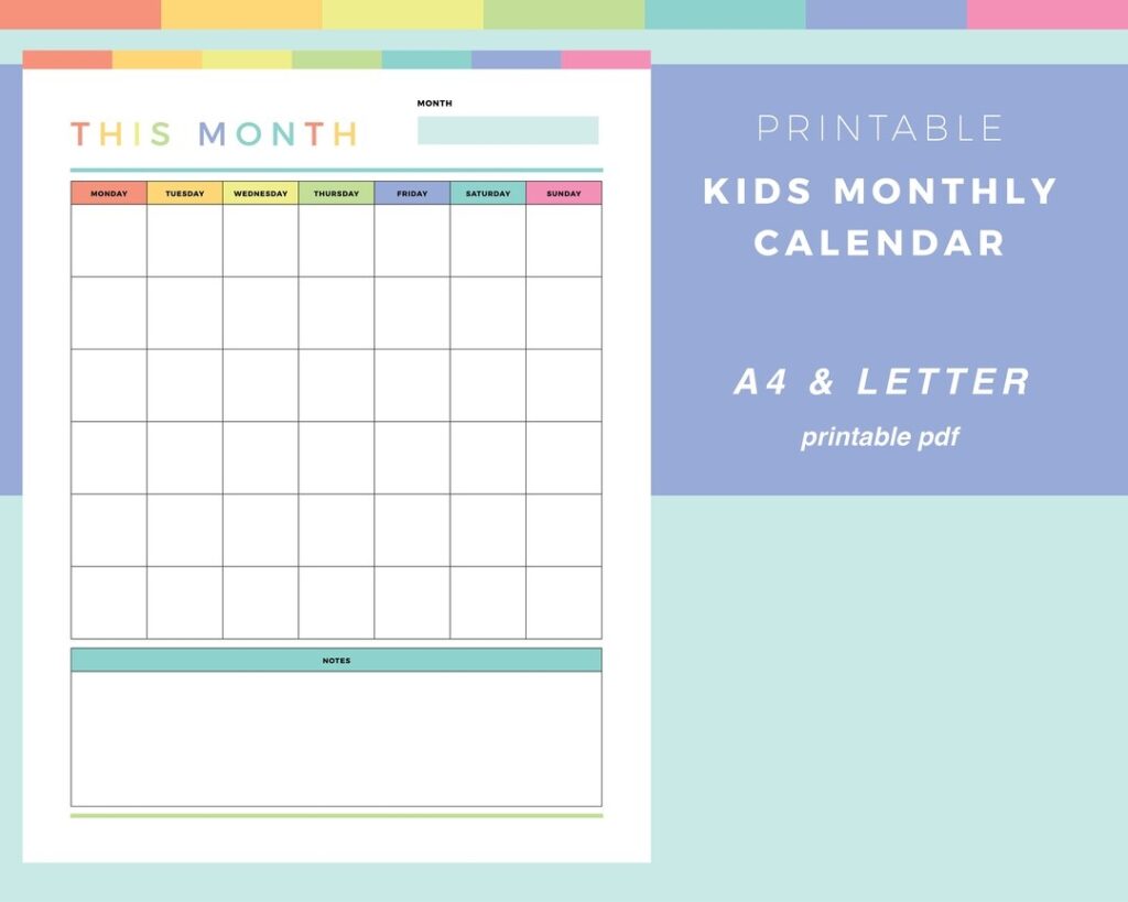Printable Monthly Calendar For Kids Monthly Planner For Etsy de
