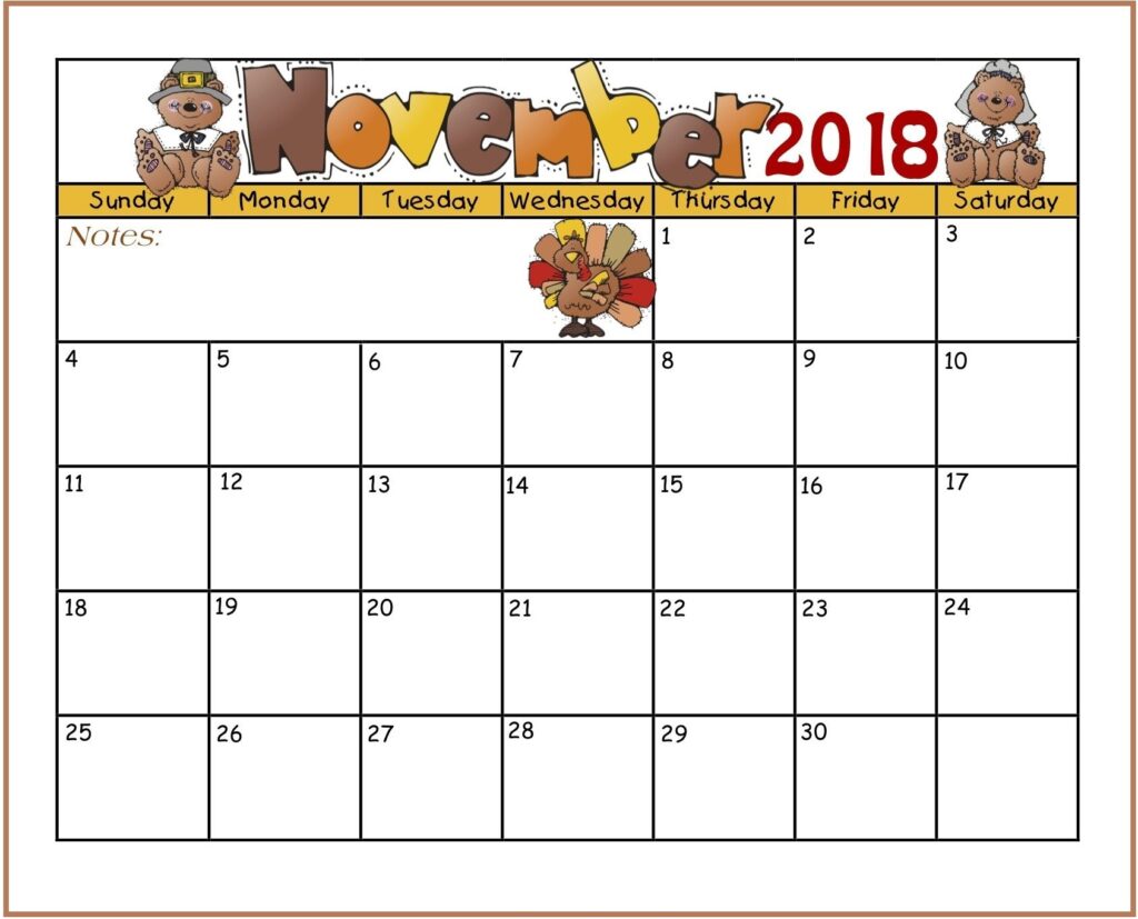 Printable November 2018 Calendar For Kids November Printable Calendar November Calendar Kids Calendar