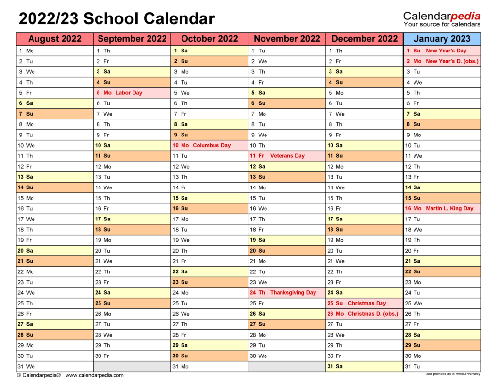 Printable Blank School Year Calendar
