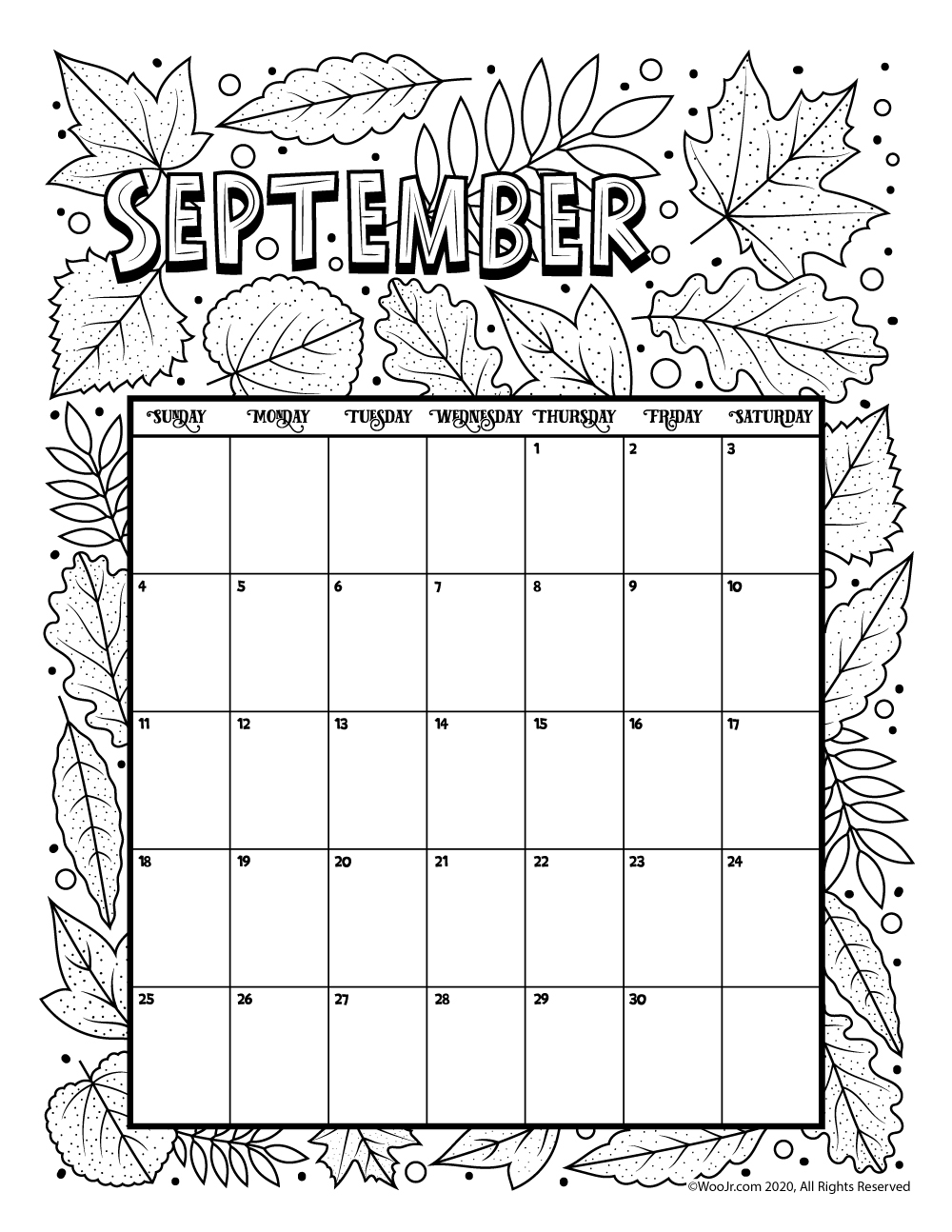 September 2022 Printable Coloring Calendar Page Woo Jr Kids Activities Children s Publishing