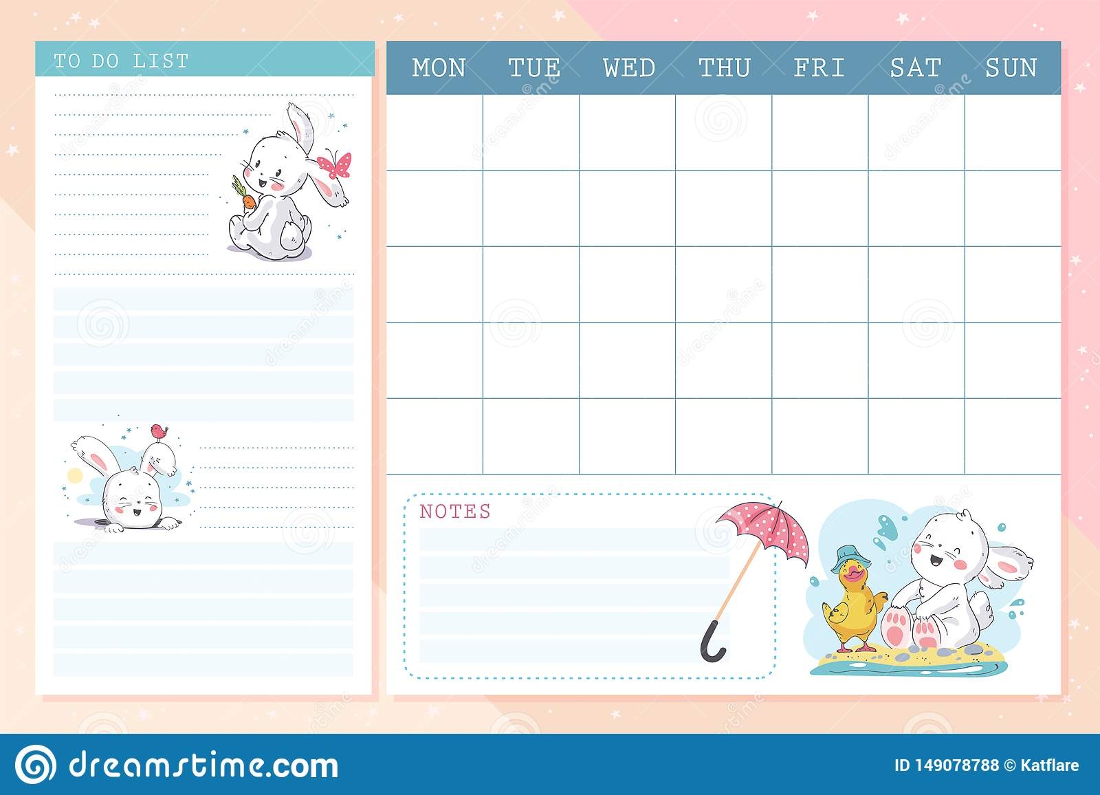 Vector Set Of Monthly Planner Page Design Template Calendar For Children With Cute Hand Drawn Little Bunny Character Stock Vector Illustration Of Cartoon Flat 149078788