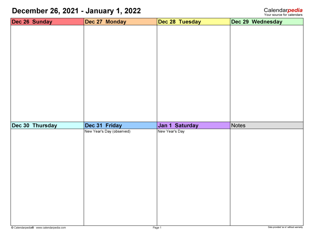 7 Day Calendar Printable Blank