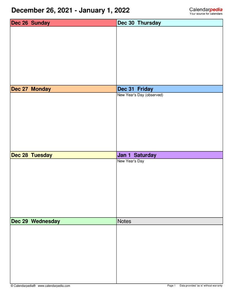 Printable Blank 1 Week Calendar
