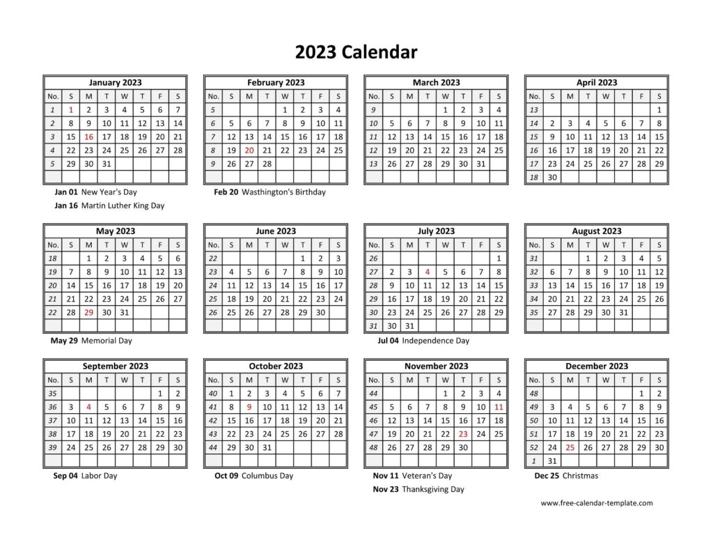 Yearly Calendar 2023 Printable With Federal Holidays Free calendar Template