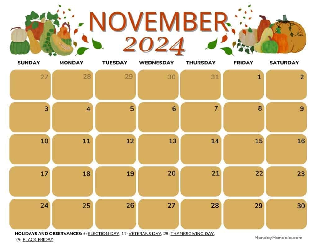 November Holiday Calendar 2024