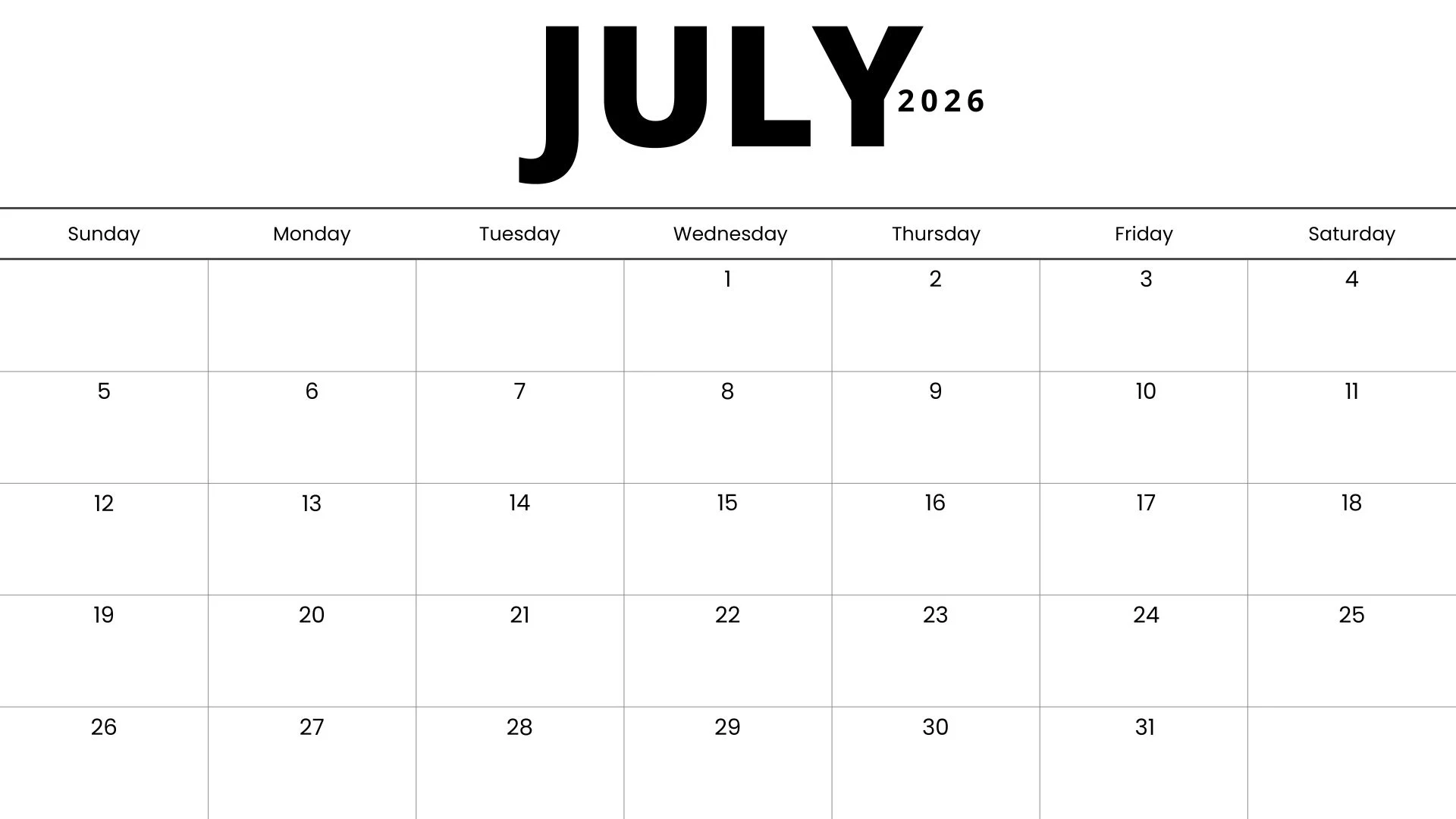 Minimalist July 2026 calendar PDF