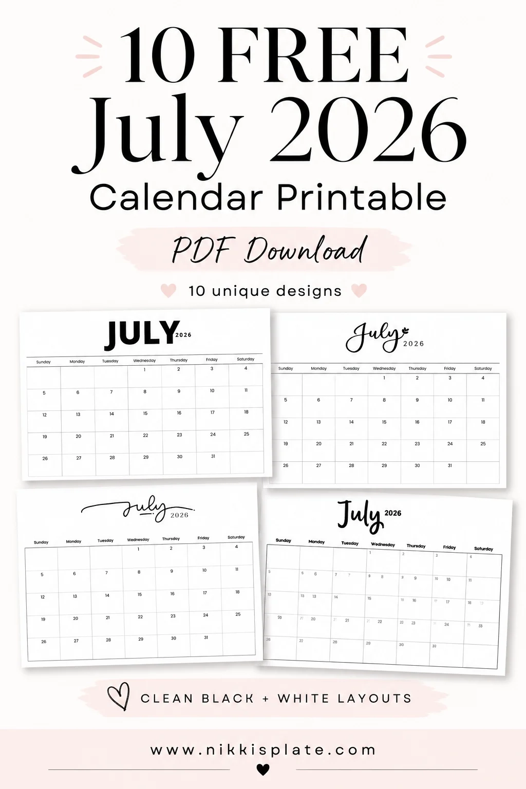 10 FREE Minimalist July 2026 Calendar Printable PDF Download 