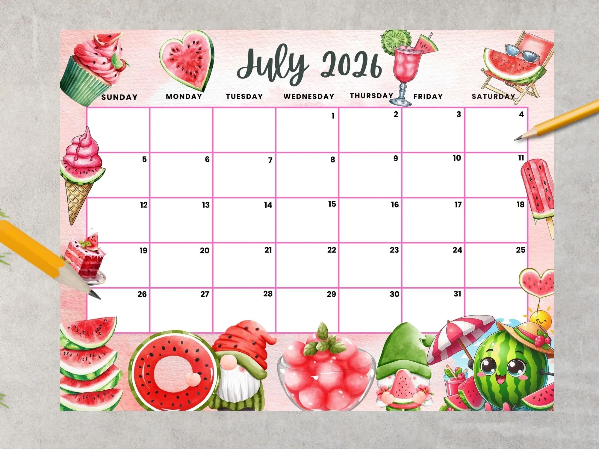 Editable July 2026 Calendar Adorable And Refreshing Watermelon Summer Planner Printable Monthly Calendar For Kids School Home Office Work Etsy Israel