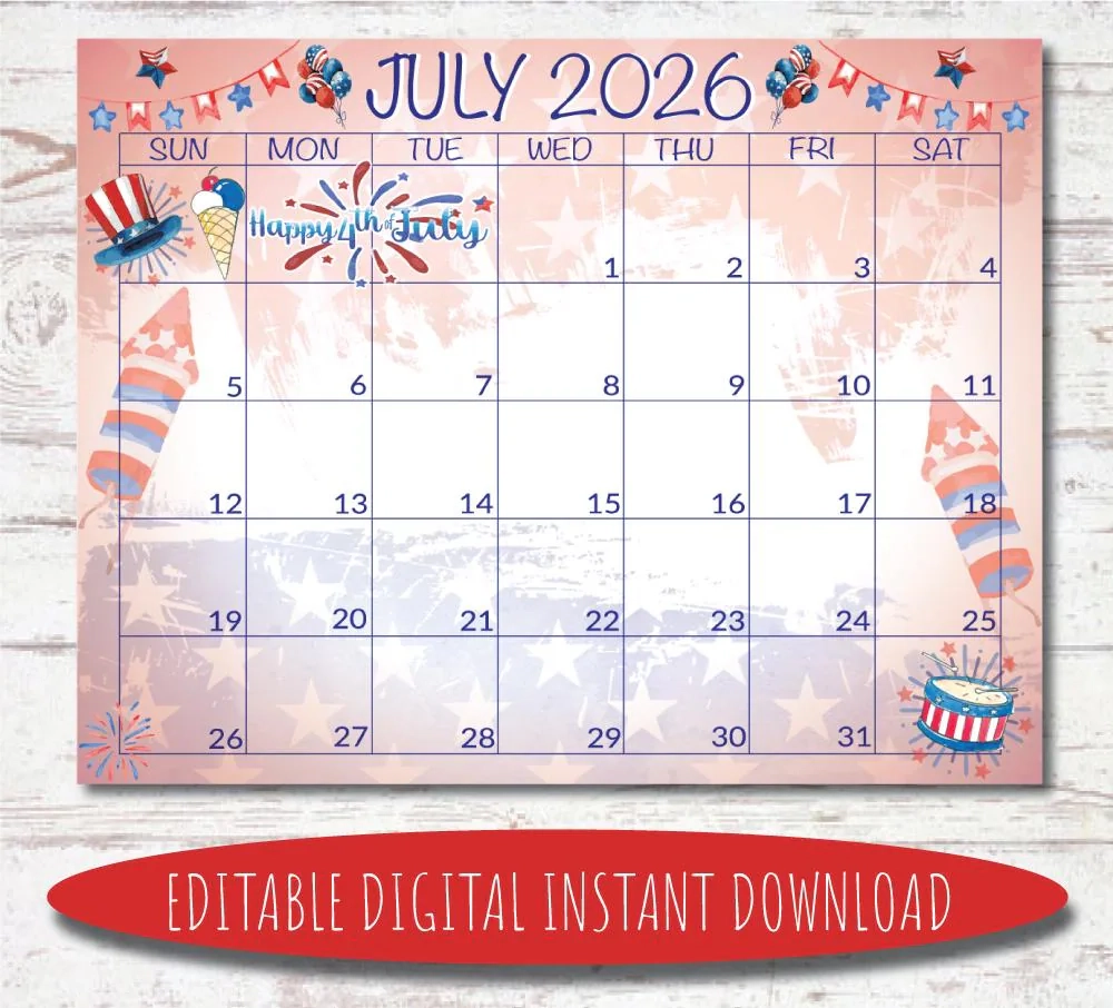 Editable July 2026 Calendar Watercolor Patriotic Design digital Download Etsy