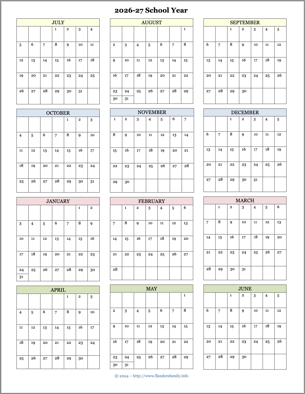 July 2026 school holiday calendar template