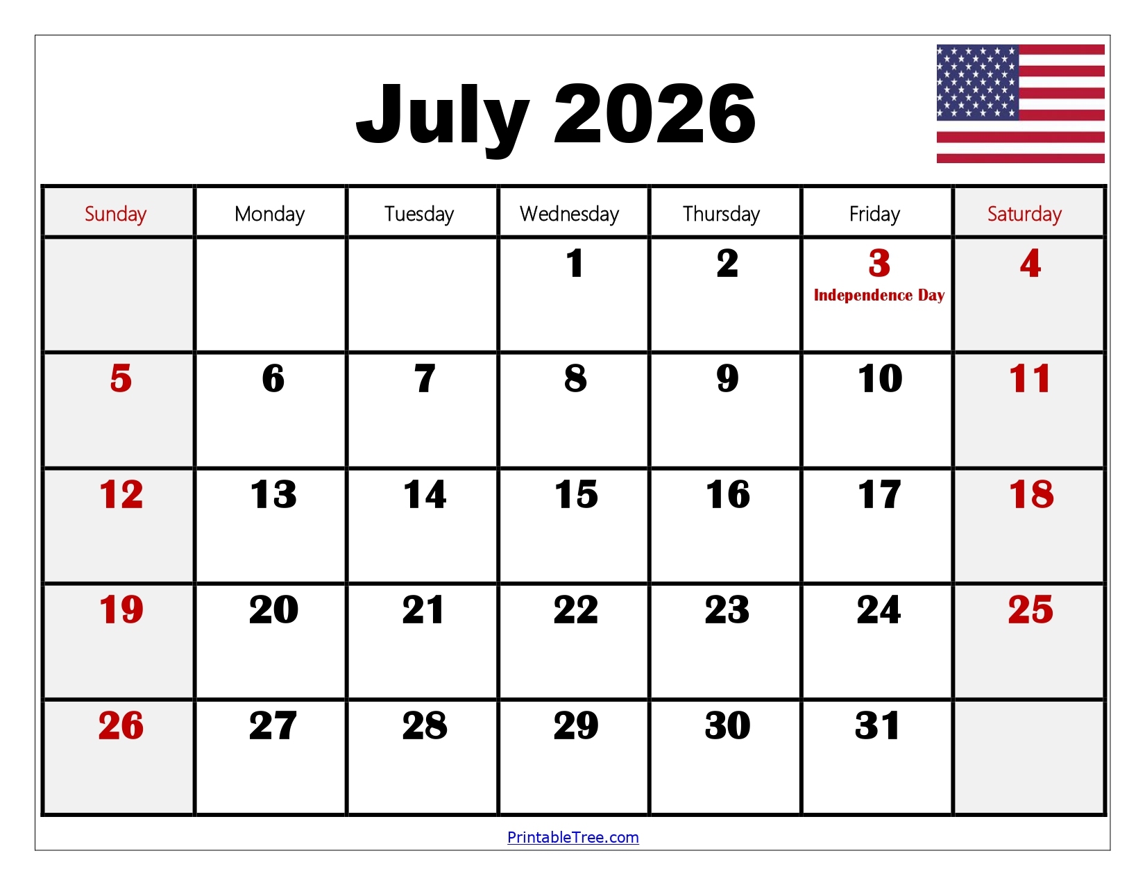 Simple Printable July 2026 Calendar Layout