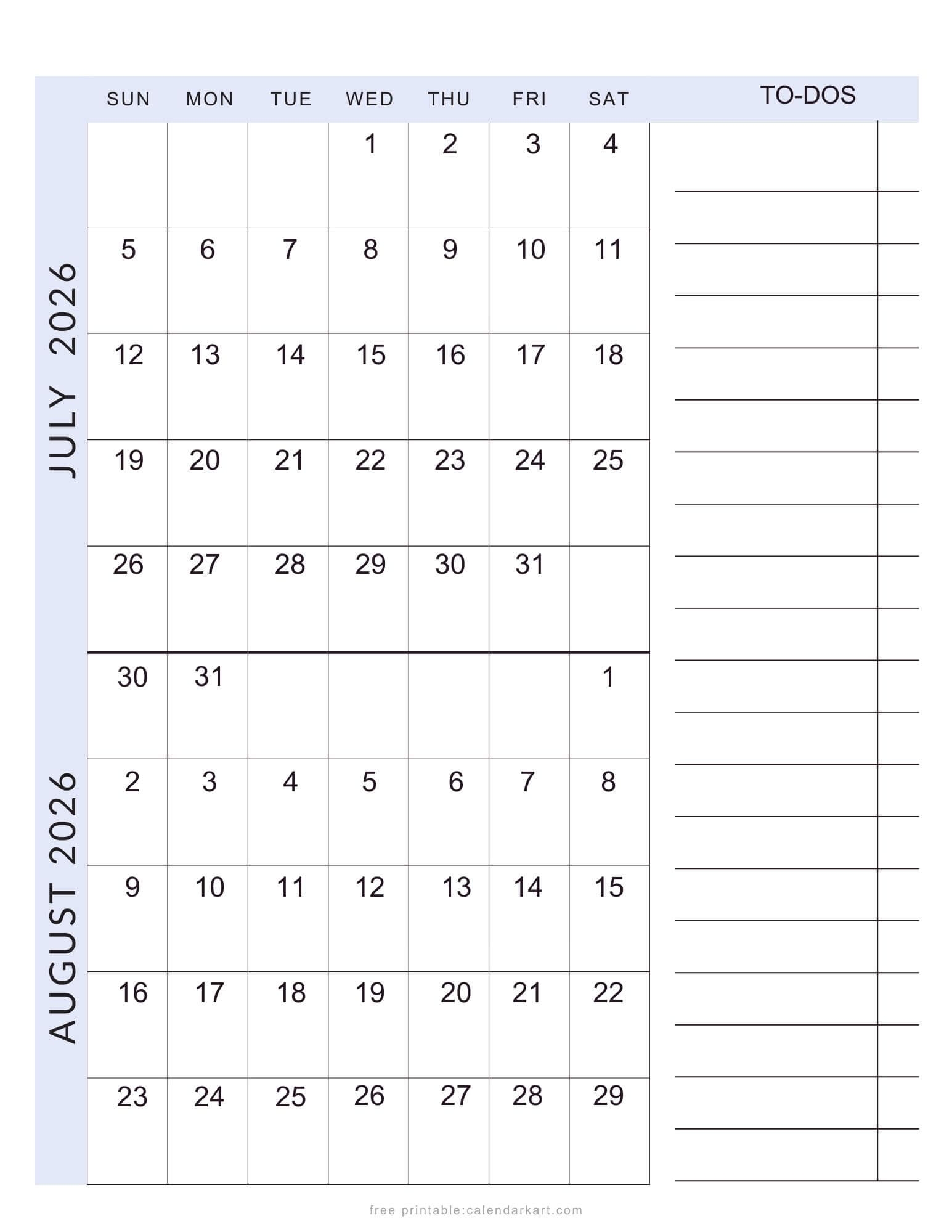 Printable July 2026 Calendar With Notes Section