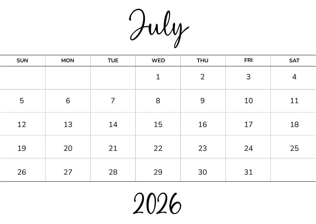 Free Minimalist July 2026 Calendar Design Template To Edit Online