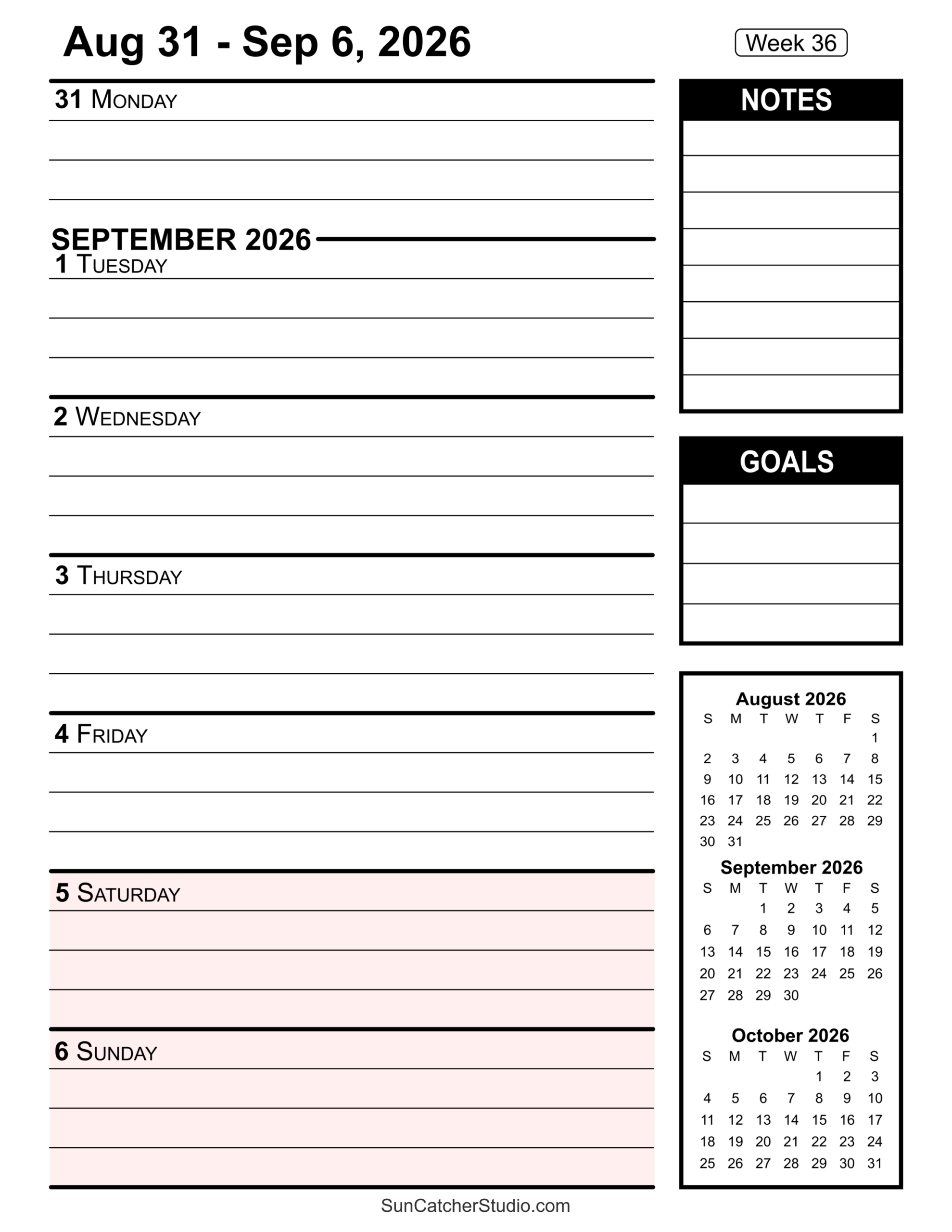 Printable Weekly July 2026 Schedule