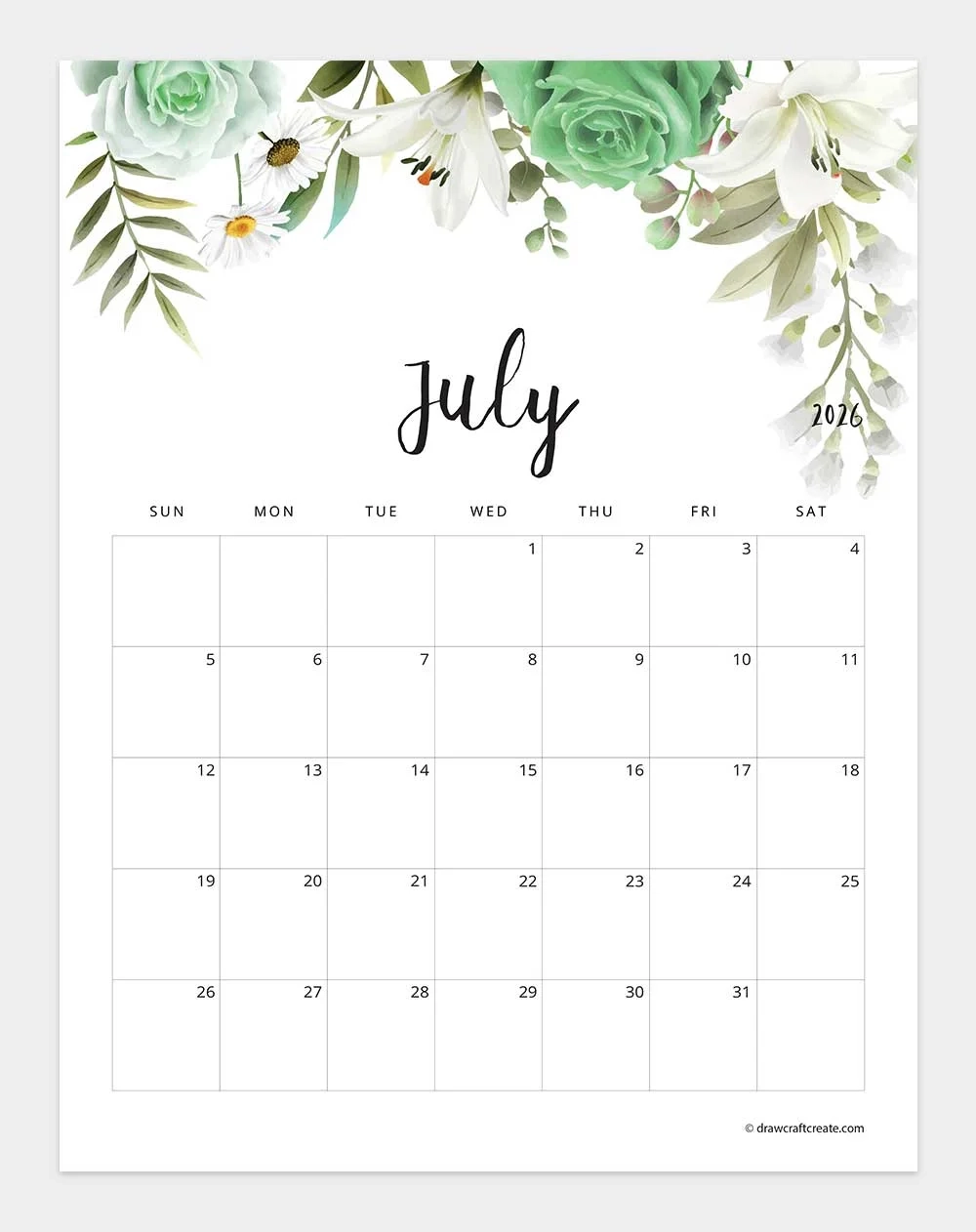 Free Printable July 2026 Calendars 43 Design Draw Craft Create