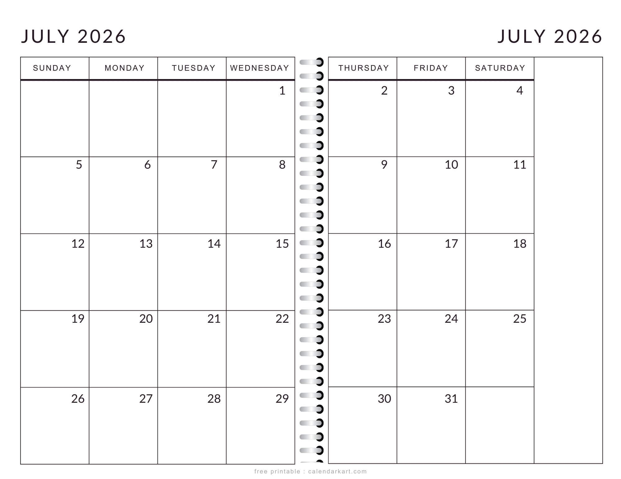 Vertical July 2026 calendar page