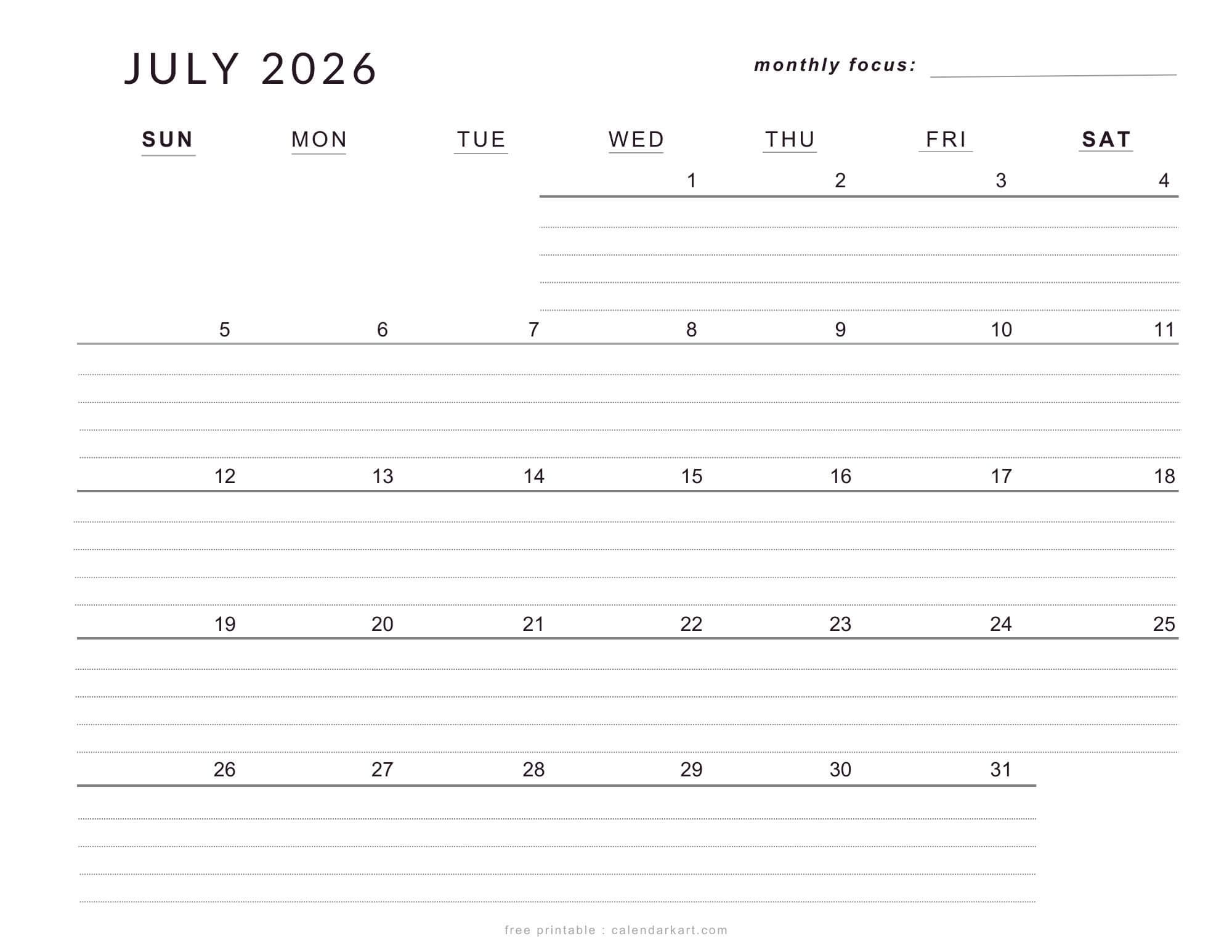 Get Free Printable July 2026 Calendar CalendarKart