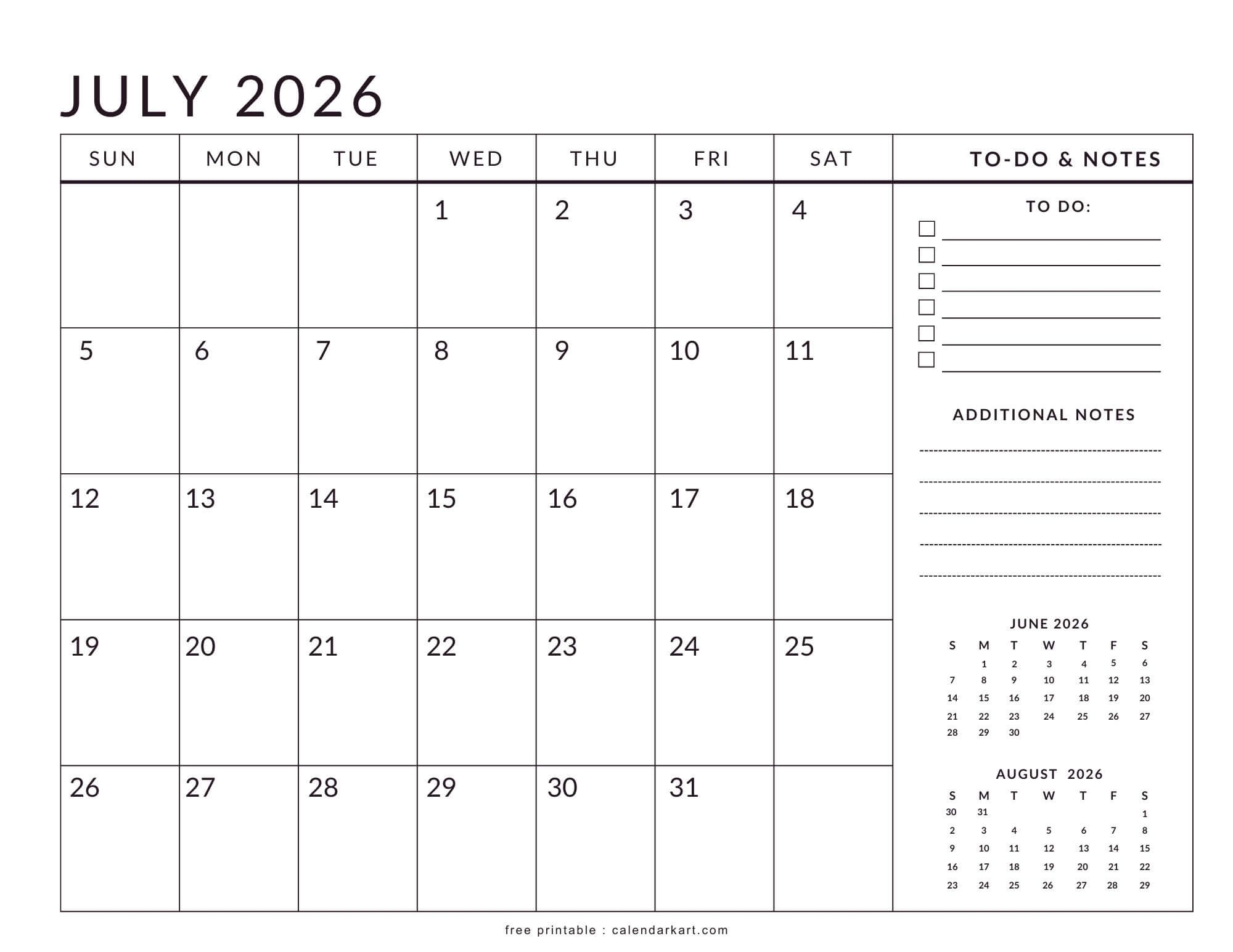 Get Free Printable July 2026 Calendar CalendarKart