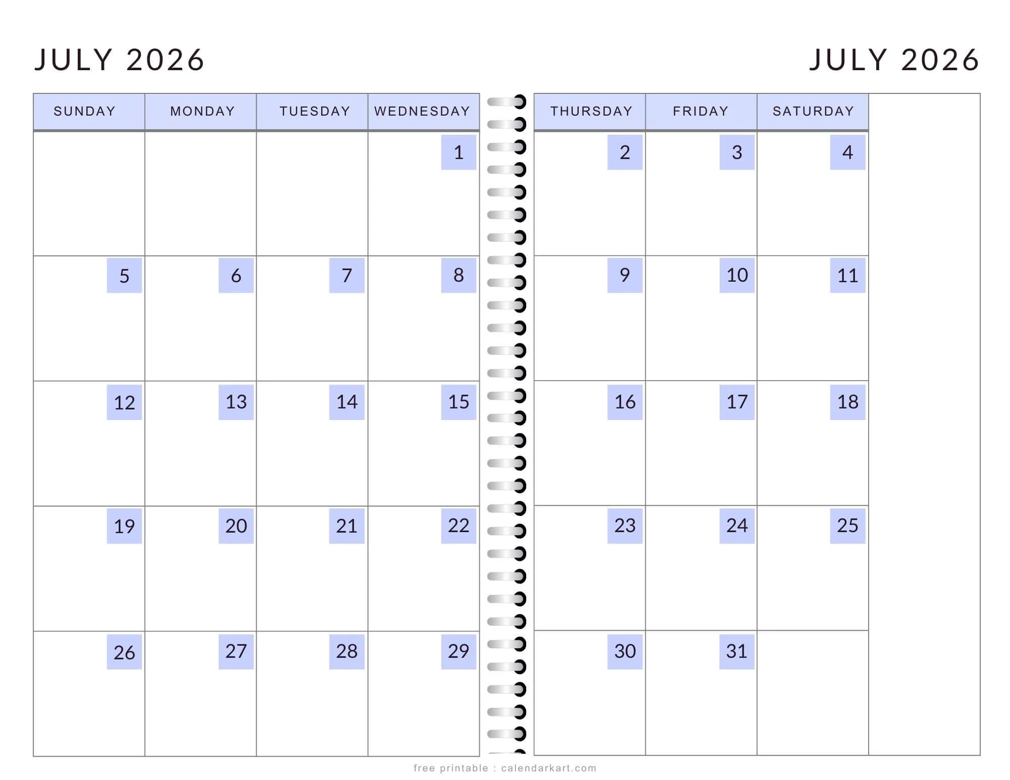 Monthly Planner Printable July 2026