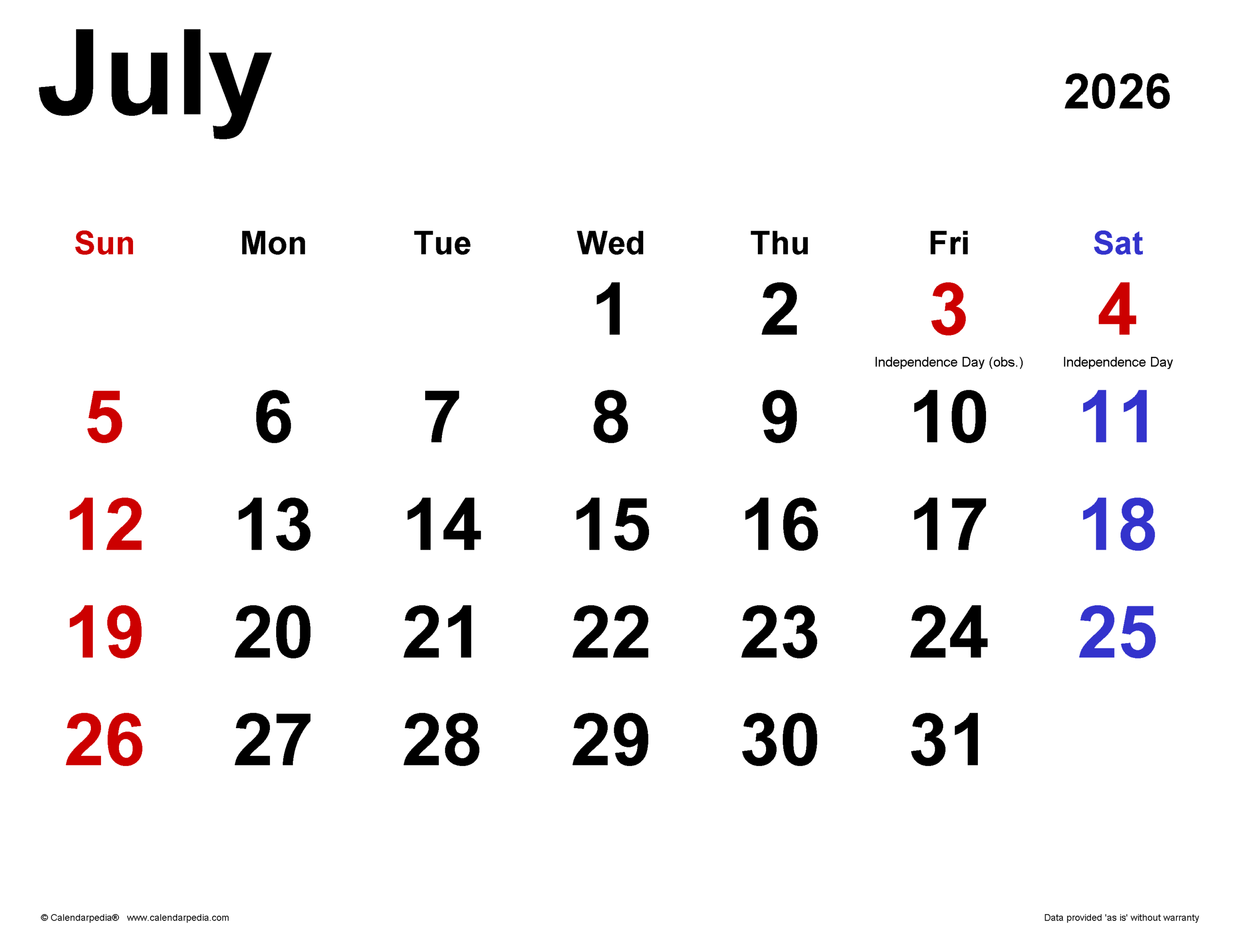 July 2026 calendar with US holidays