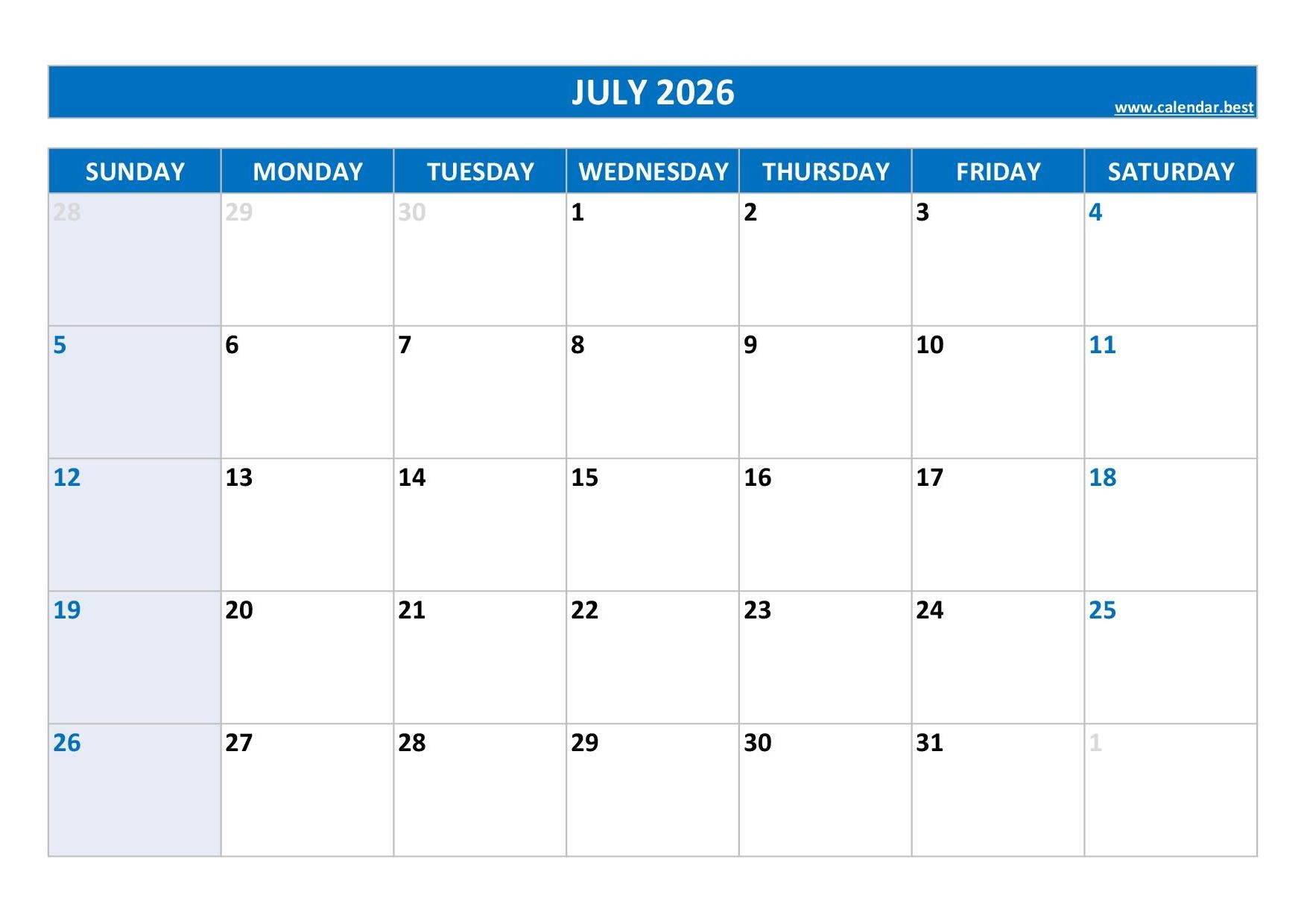 Free Printable July 2026 Calendar
