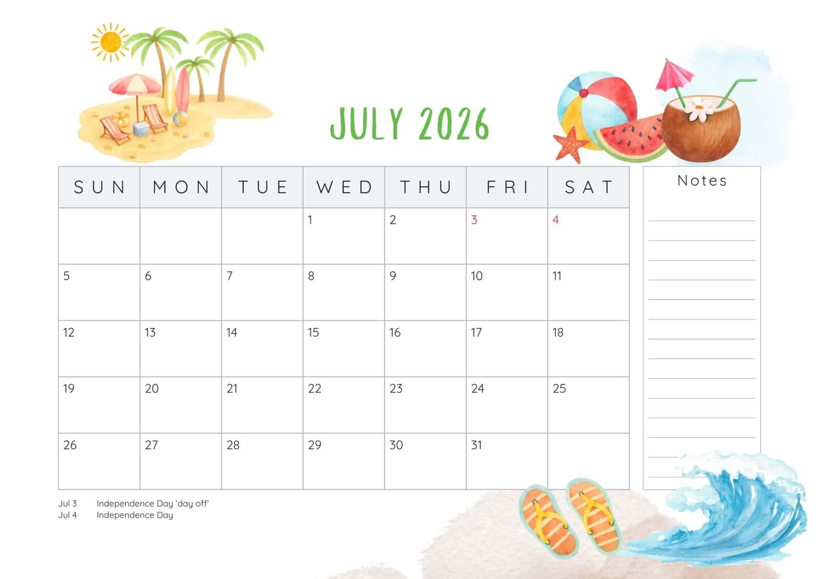 Horizontal Printable July 2026 Calendar
