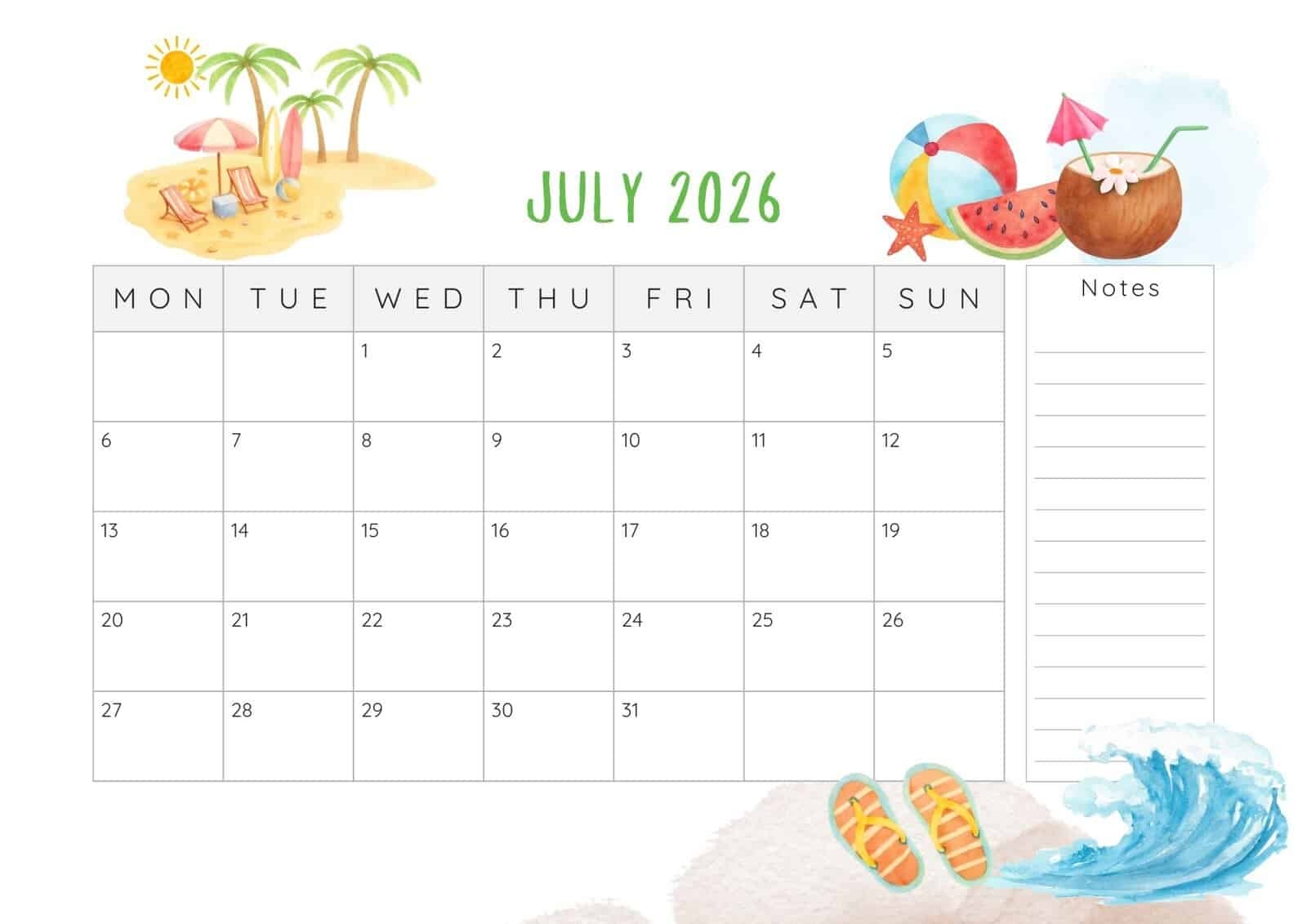 Cute summer July 2026 calendar