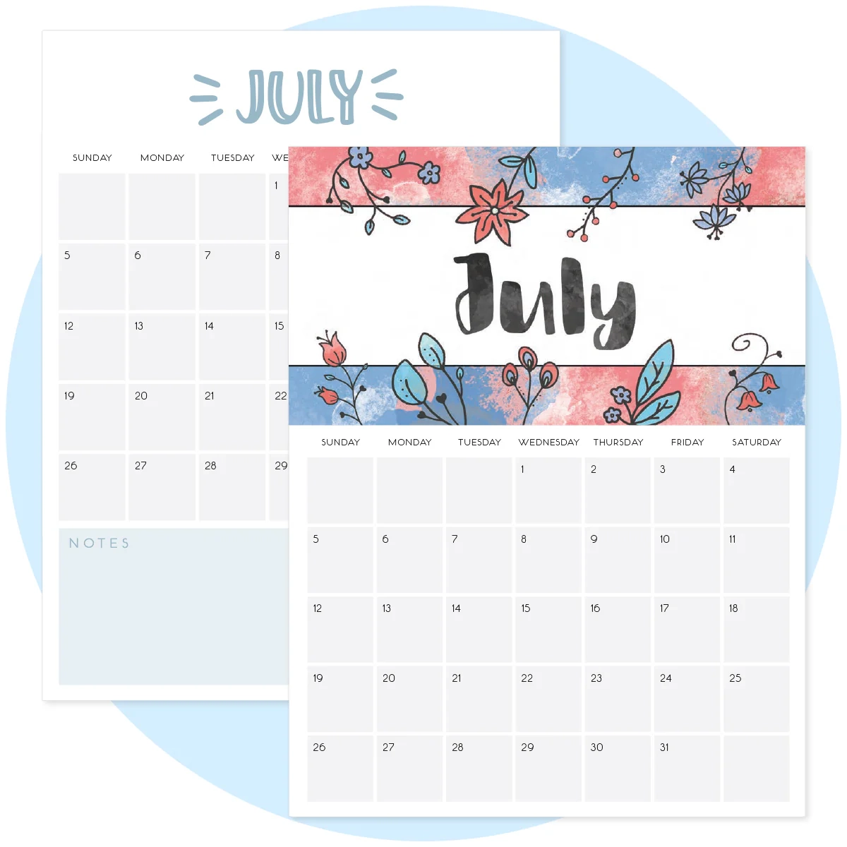 Printable July 2026 calendar page 8.5x11