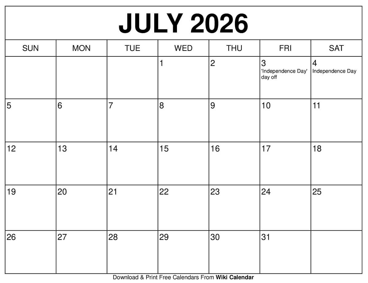 July 2026 Calendar Printable Templates More