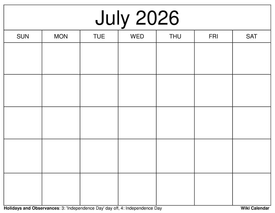 July 2026 Calendar Printable Templates More