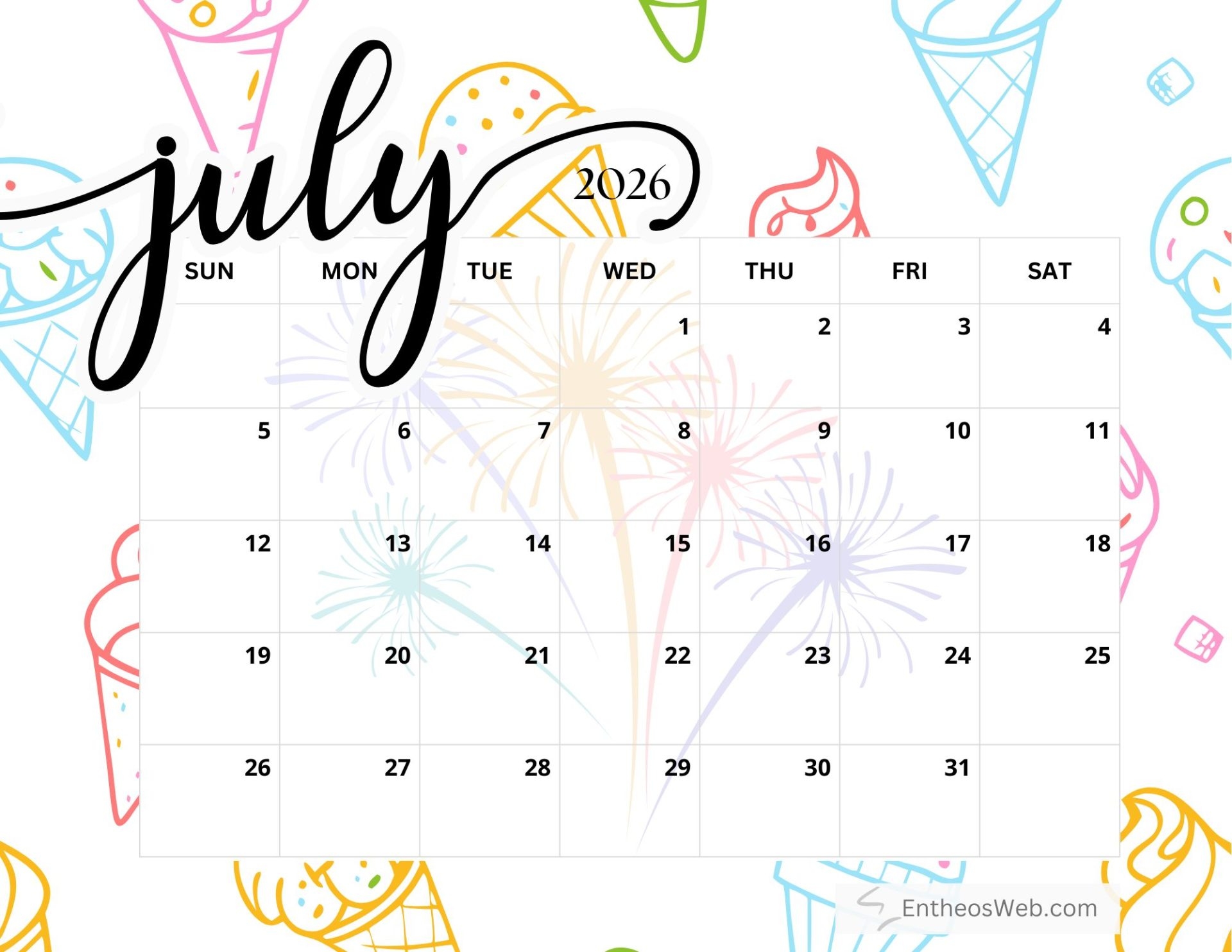Cute Printable July 2026 Calendar