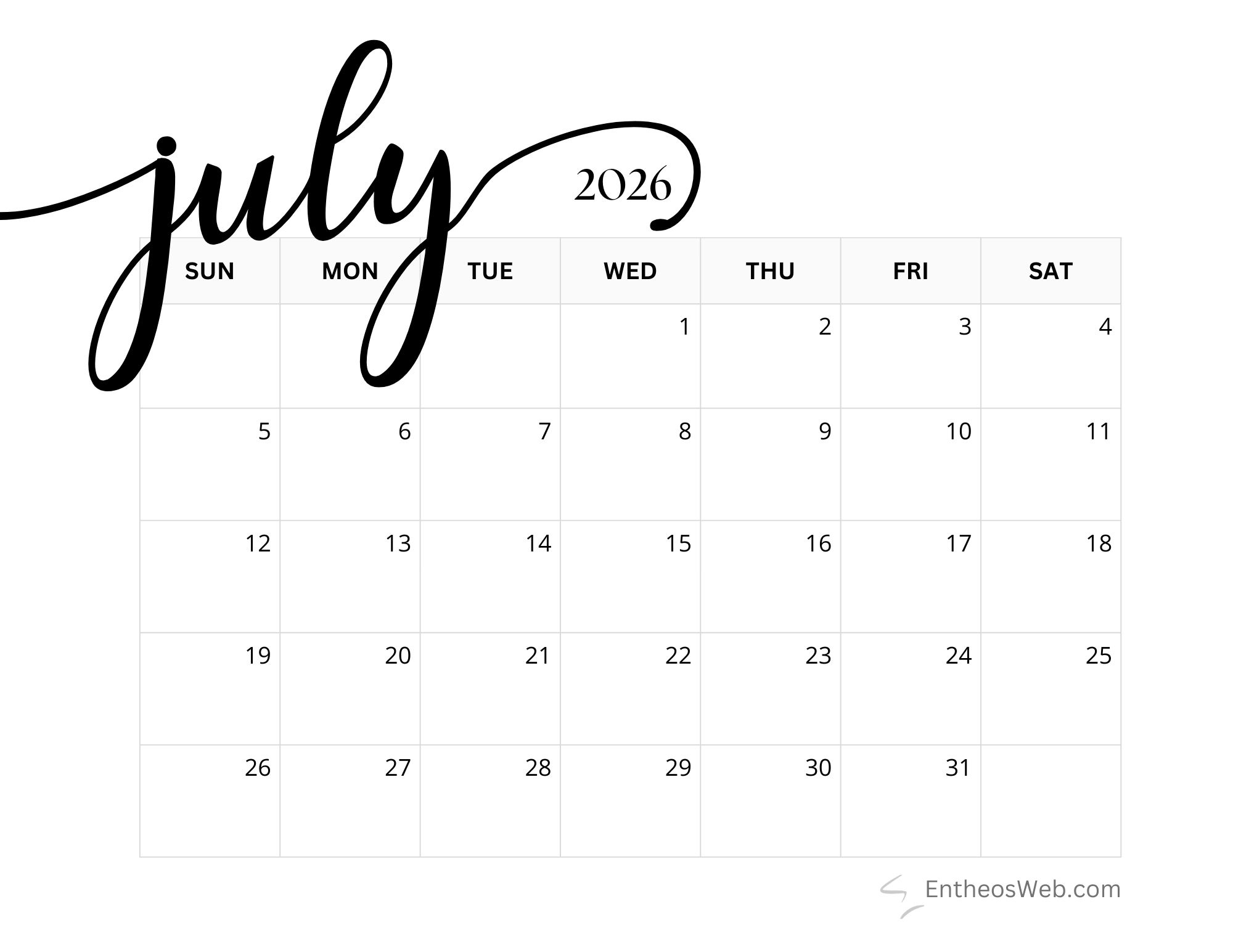 Aesthetic July 2026 calendar printable